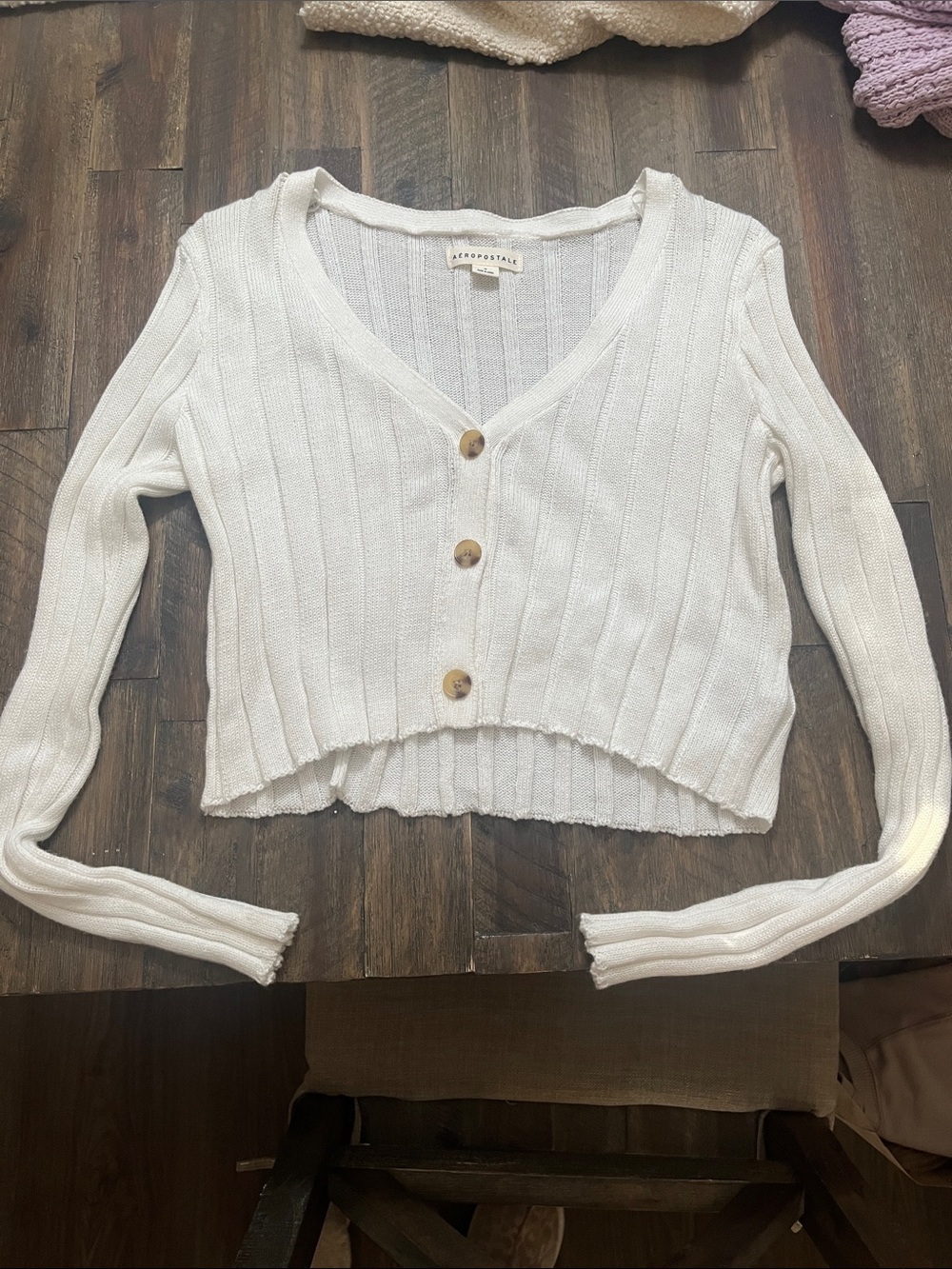 Aeropostale Ivory Ribbed Cropped Button Cardigan